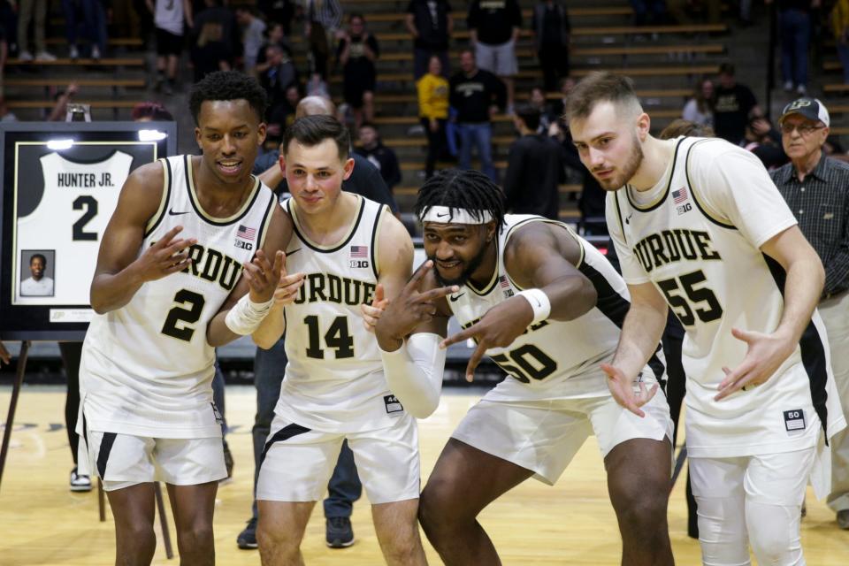 Purdue seniors Eric Hunter Jr., Jared Wulbrun, Trevion Williams and Sasha Stefanovic during senior night celebrations, Saturday, March 5, 2022 at Mackey Arena in West Lafayette.