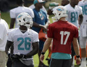 Miami Dolphins running back Lamar Miller (26) talks to quarterback Ryan Tannehill (17) during NFL football training camp in Davie, Fla., Wednesday, July 30, 2014. (AP Photo/Alan Diaz)