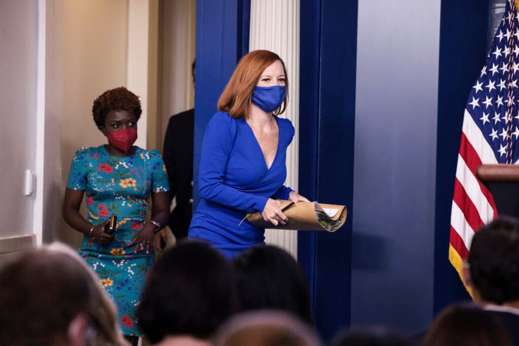 Followed by White House Deputy Press Secretary Karine Jean-Pierre, White House Press Secretary Jen Psaki arrives at a press briefing in the James Brady Press Briefing Room with of the White House on October 01, 2021 in Washington, DC. (Photo by Anna Moneymaker/Getty Images)