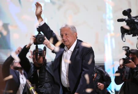 Presidential candidate Andres Manuel Lopez Obrador gestures as he addresses supporters in Mexico City, Mexico, July 1, 2018. Picture taken July 1, 2018. REUTERS/Goran Tomasevic