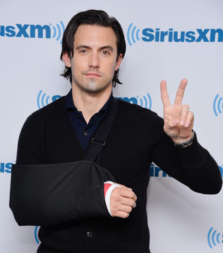 Milo Ventimiglia flashed a peace sign and says it’s all good. (Photo: Matthew Eisman/Getty Images)