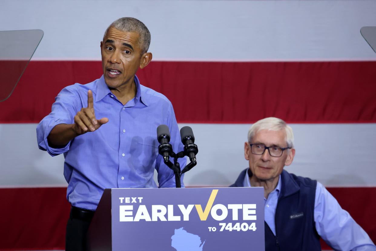 Former US President Barack Obama speaks at a rally to support Wisconsin Governor Tony Evers and Democratic candidate for U.S. Senate in Wisconsin Mandela Barnes on October 29, 2022 in Milwaukee, Wisconsin.
