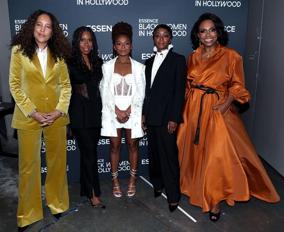 Honorees Gina Prince-Bythewood, Tara Duncan, Dominique Thorne, Danielle Deadwyler. and Sheryl Lee Ralph pose during the 2023 ESSENCE Black Women In Hollywood Awards at Fairmont Century Plaza on March 09, 2023 in Los Angeles, California.