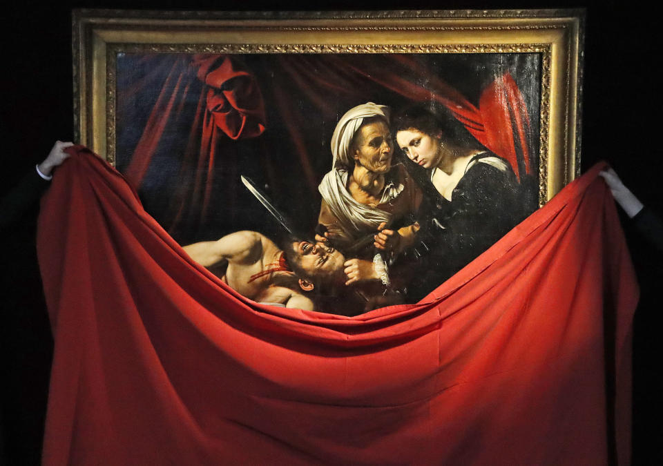 The Caravaggio' Judith and Holfernes, painting is unveiled at the Colnaghi Gallery in London, Thursday, February 28, 2019. The Caravaggio' Judith and Holfernes, lost in Amsterdam in 1617 has since been rediscovered in an attic in a Toulouse farmhouse in 2014.&nbsp;