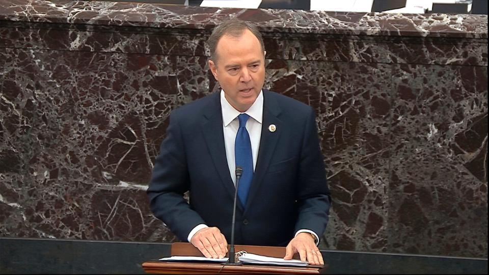 Lead House impeachment manager Rep. Adam Schiff, D-Calif., speaks during closing arguments in the impeachment trial against President Donald Trump on Monday.