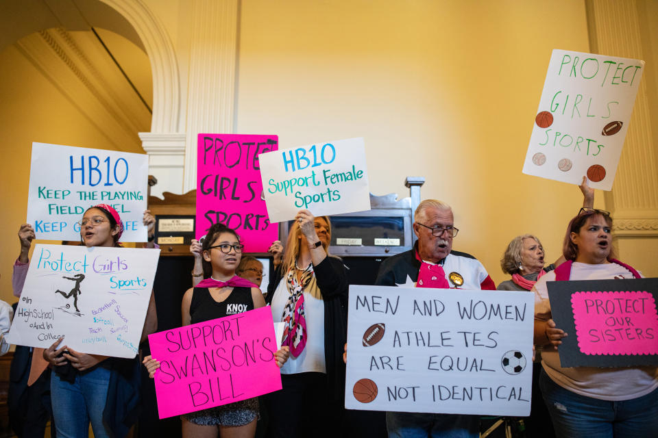 Demonstrators supporting a bill that bans trans girls and women from participating in women's athletics gather at the Texas State Capitol on the first day of the 87th Legislature's third special session in Austin, on Sept. 20, 2021.<span class="copyright">Tamir Kalifa—Getty Images</span>