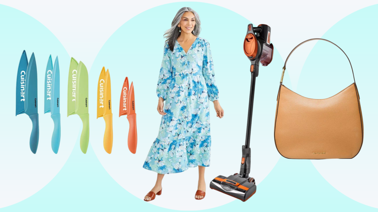 cuisinart colorful knife set, woman in blue dress, orange and black shark vacuum, tan leather michael kors purse