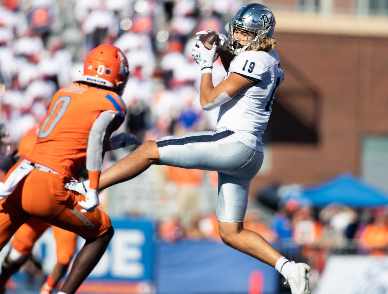 Nevada tight end Cole Turner (19) routinely makes acrobatic catches downfield. (Photo by Tyler Ingham/Icon Sportswire via Getty Images)