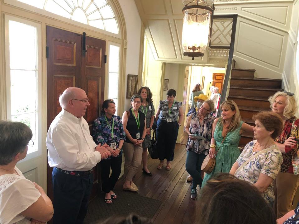 Sandy Graham, Battersea Foundation Board of Directors President, gives a tour at Historic Battersea during Petersburg Garden Day on April 26, 2022.