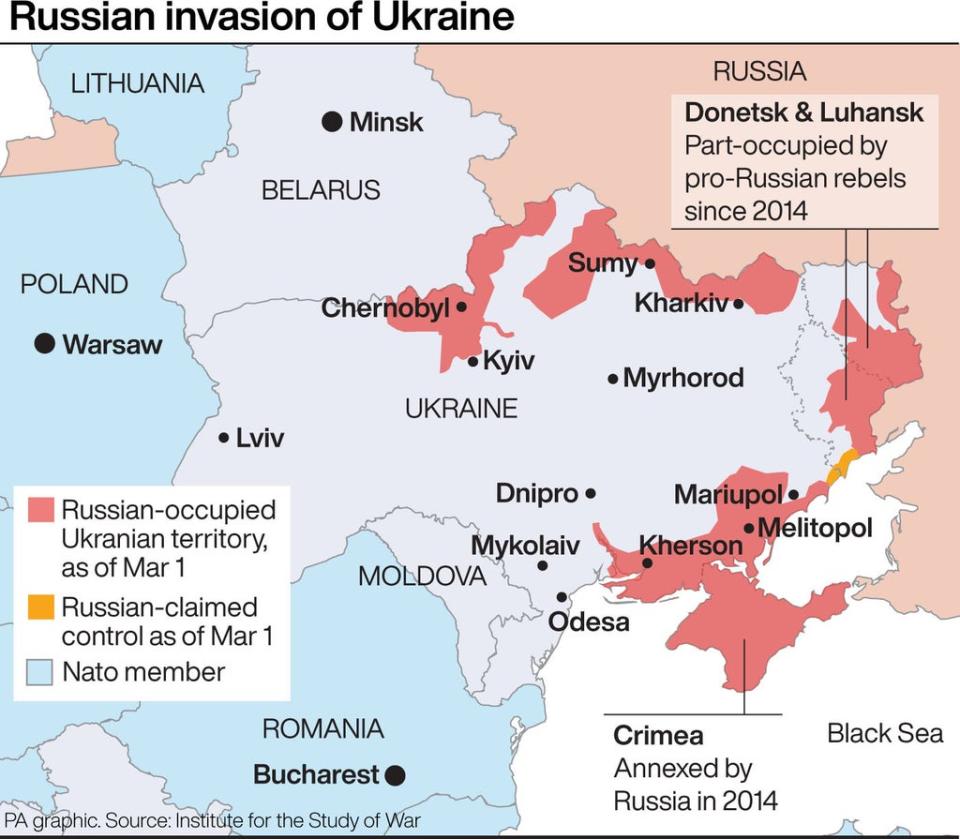 This map shows the extent of Russia’s invasion of Ukraine (Press Association Images)