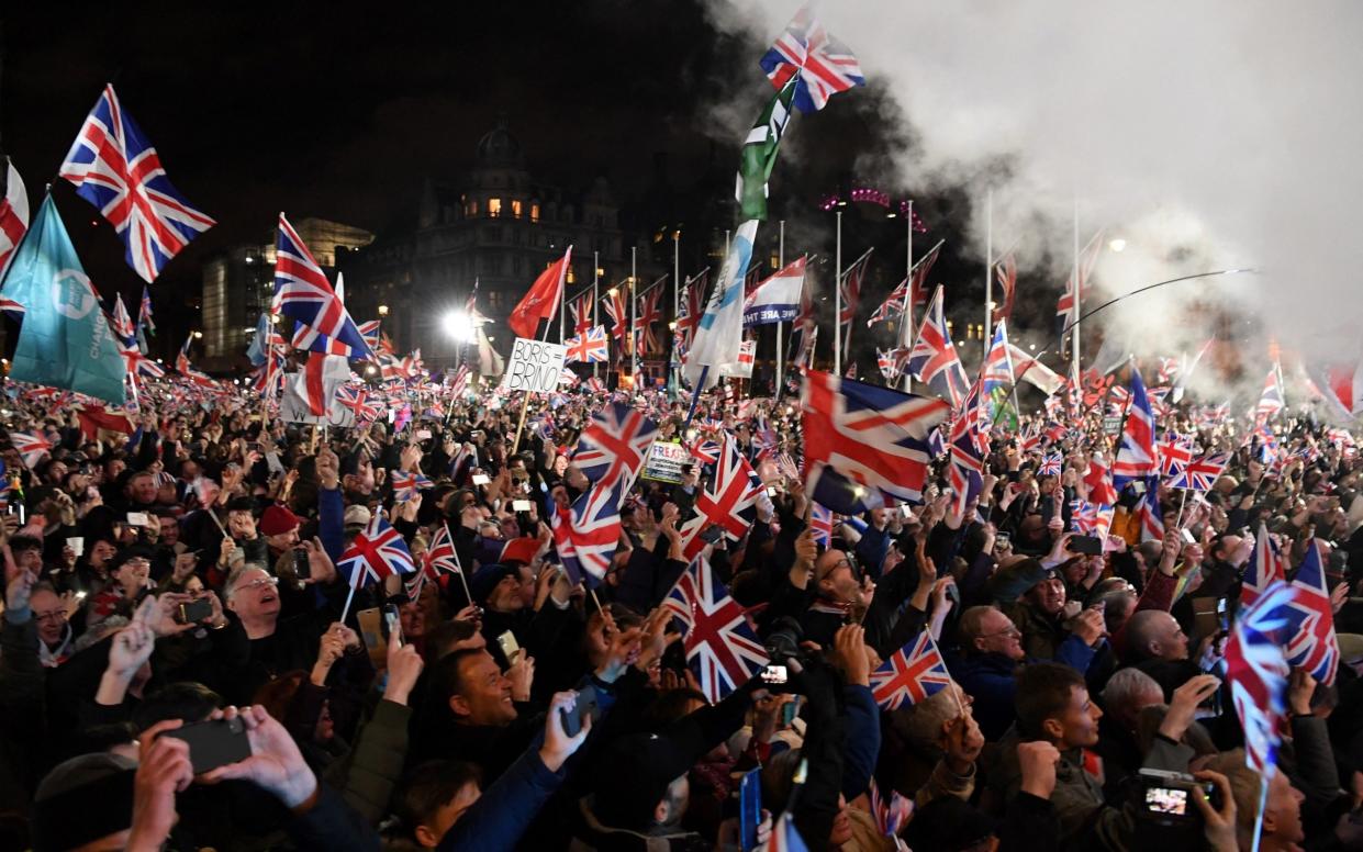 Brexit supporters in Parliament Square as the UK formally left the EU on January 31, 2020. 