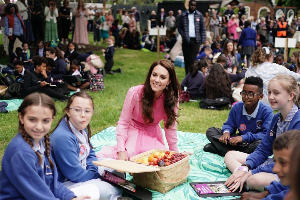 Princess of Wales joins students at the first Children’s Picnic ahead of the 2023 RHS Chelsea Flower Show in London (POOL/AFP via Getty Images)