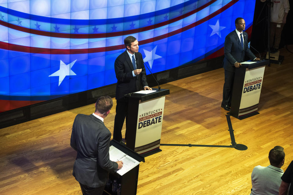 Democratic Gov. Andy Beshear and Republican Attorney General Daniel Cameron participate in a gubernatorial debate at Northern Kentucky University, in Highland Heights, Ky., Monday, Oct. 16, 2023. (Joe Simon/LINK nky via AP, Pool)