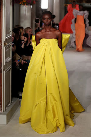 A model presents a creation by Italian designer Pier Paolo Piccioli as part of his Haute Couture Spring-Summer 2019 collection show for fashion house Valentino in Paris, France, January 23, 2019. REUTERS/Benoit Tessier