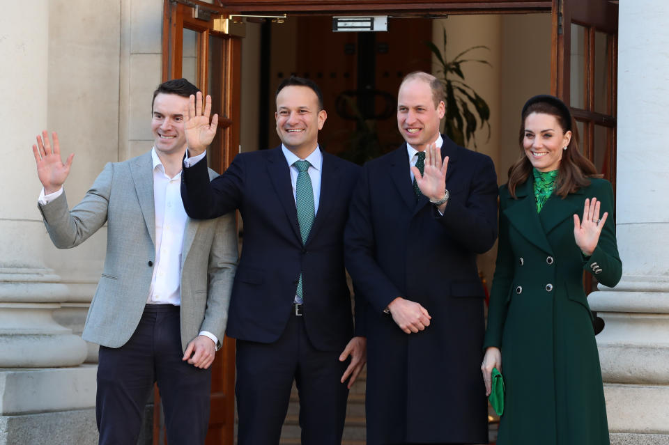 The Duke and Duchess of Cambridge meet with Leo Varadkar, Taoiseach of Ireland, and his partner Matt Barrett at the Government Buildings, Dublin, during their three day visit to the Republic of Ireland.