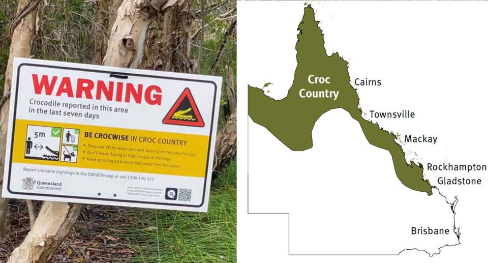 Left: Crocodile warning sign on tree in Mackay, Queensland. Right: Map of Australia indication Queensland's crocodile habitat. 