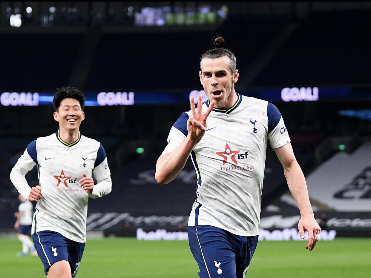 Gareth Bale (right) scored three times before Son Heung-min added Spurs’ fourth (Getty Images)