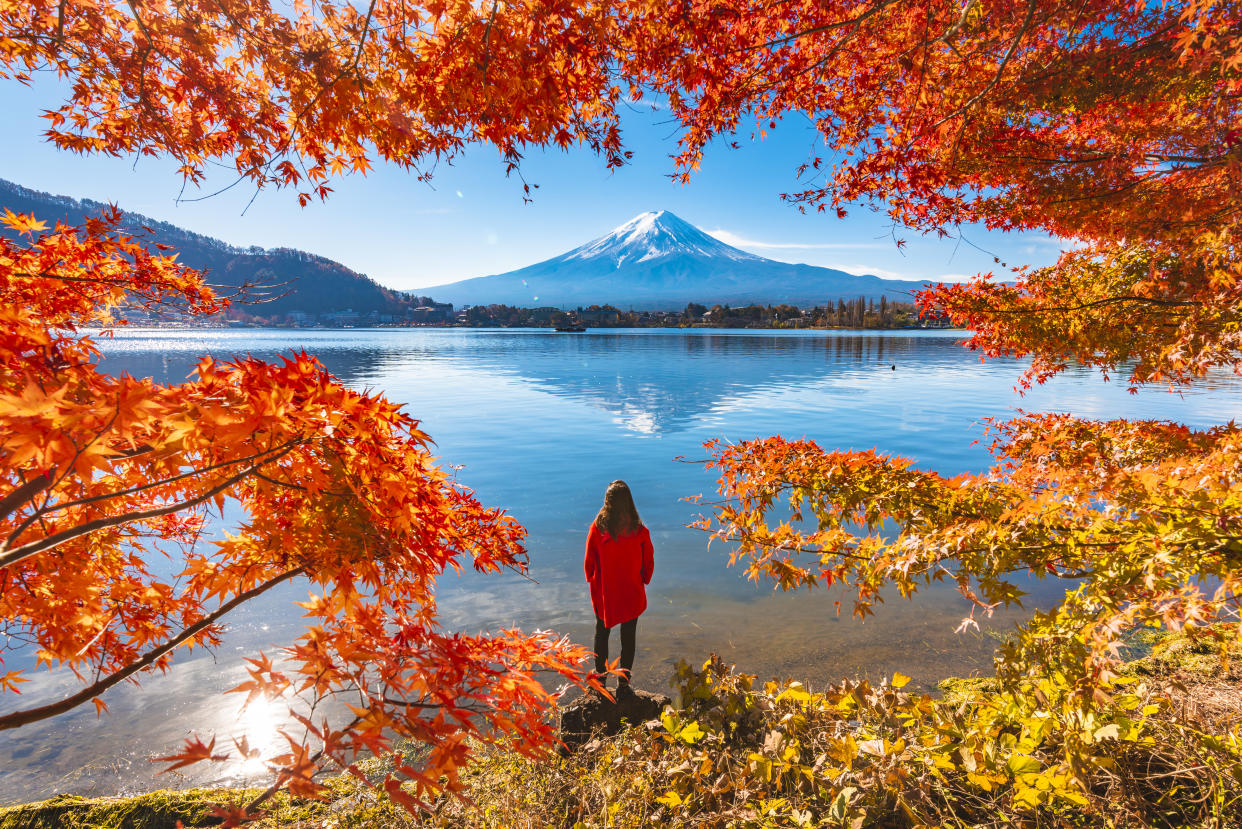 Woman framed by red maple leaves admiring Mount Fuji and Lake Kawaguchi in autumn, one of the best places to spot fall foliage in Japan.