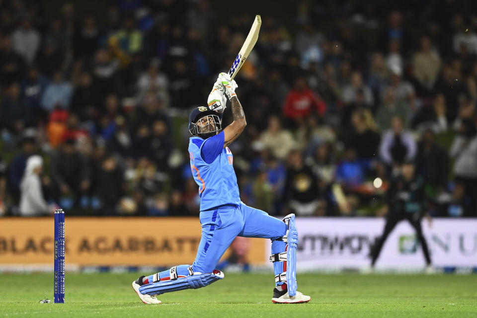 India's Suryakumar Yadav bats during the T20 cricket international between India and New Zealand at Bay Oval, Mount Maunganui, New Zealand, Sunday, Nov. 20, 2022. (Andrew Cornaga/Photosport via AP)
