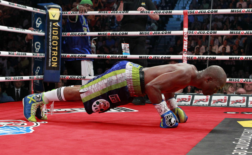 WBC light-heavyweight boxer Bernard Hopkins of U.S. celebrates his win over Jean Pascal of Montreal during their title fight in Montreal May 21, 2011. REUTERS/Christinne Muschi (CANADA - Tags: SPORT BOXING)