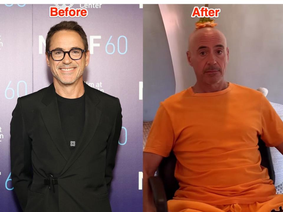 A side-by-side image of Robert Downey Jr. smiling on the red carpet, left; right, in orange with a shaved head.