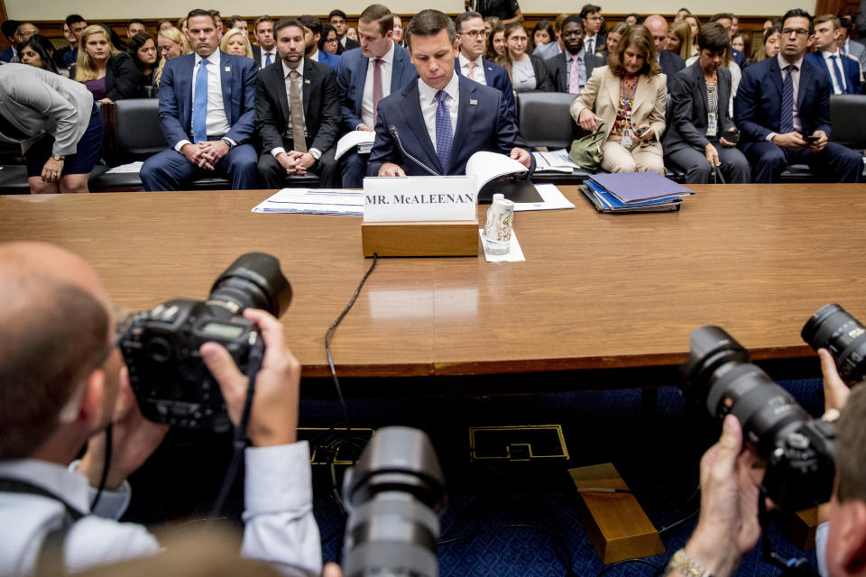 Acting Secretary of Homeland Security Kevin McAleenan arrives to testify before a House Committee on Oversight and Reform hearing on Capitol Hill in Washington, Thursday, July 18, 2019. (AP Photo/Andrew Harnik)