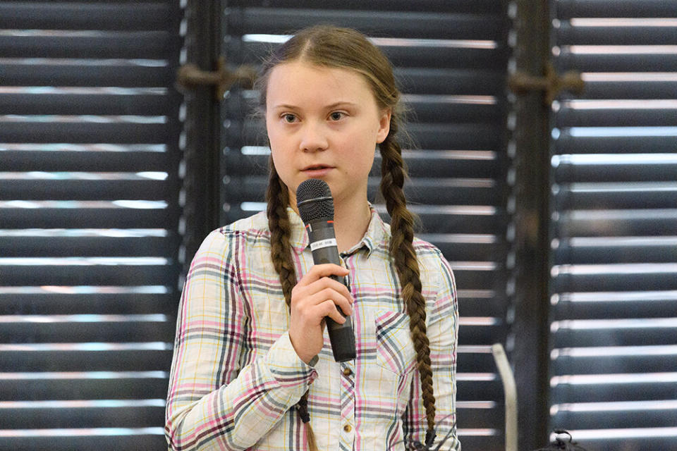 Greta Thunberg addresses politicians, media and guests with the Houses of Parliament on April 23, 2019 in London, England. [Photo: Getty]