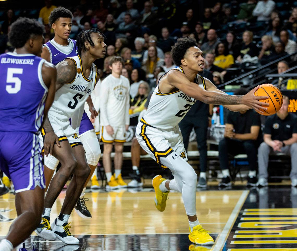 Wichita State’s Jalen Ricks saves the ball from going out of bounds during the second half against Central Arkansas on Monday night.