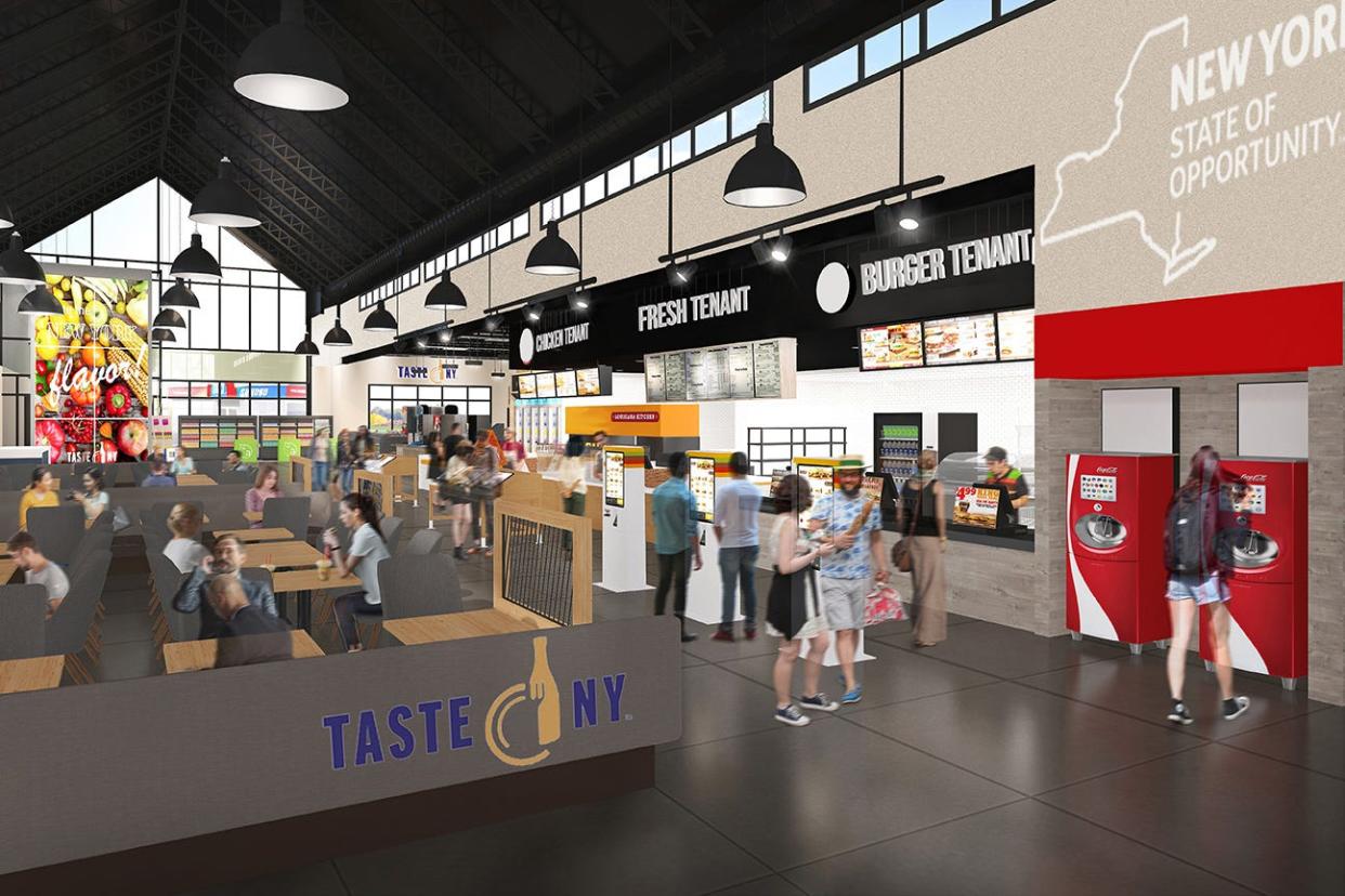 A rendering of a new Thruway travel plaza. Construction is set to begin on 10 of the rest areas beginning July 2021.