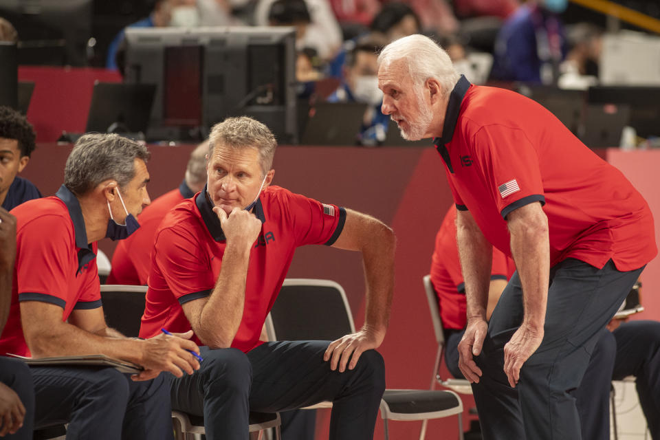 TOKYO, JAPAN August 7:  Gregg Popovich, head coach of the United States team on the sideline with assistant coaches Jay Wright and Steve Kerr  during the France V USA basketball final for men at the Saitama Super Arena during the Tokyo 2020 Summer Olympic Games on August 7, 2021 in Tokyo, Japan. (Photo by Tim Clayton/Corbis via Getty Images)