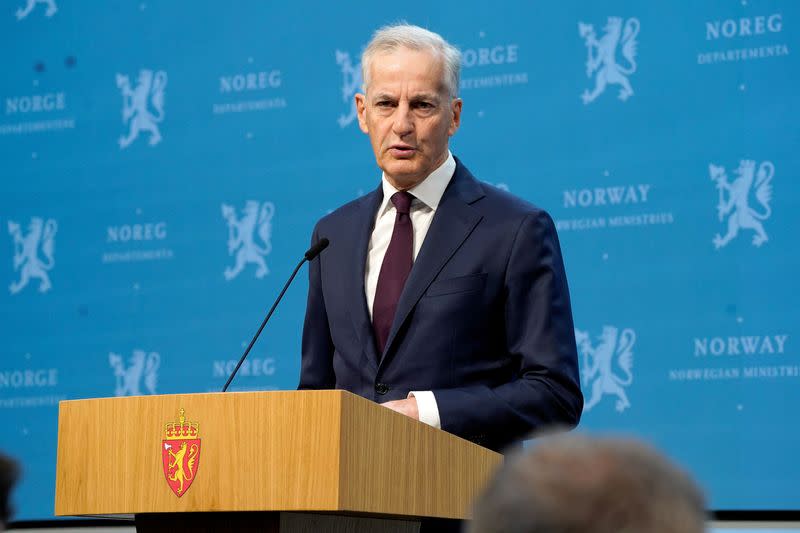Norway's Prime Minister Jonas Gahr Store attends a press conference in Oslo