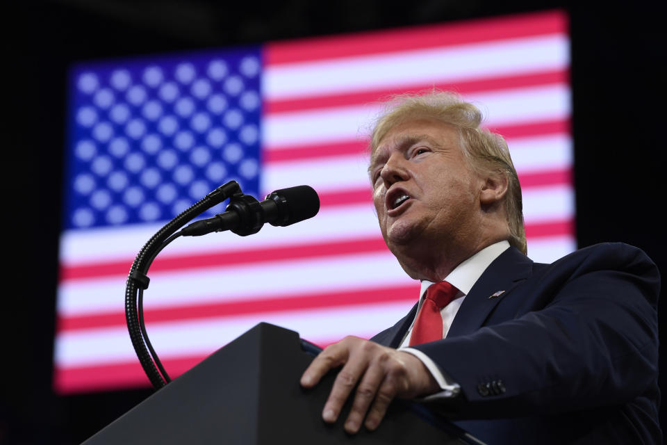 President Donald Trump speaks at a campaign rally in, Lexington, Ky., Monday, Nov. 4, 2019. (AP Photo/Susan Walsh)