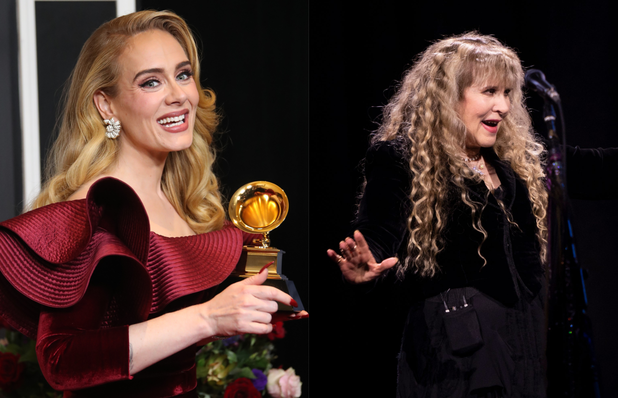 Adele, winner of Best Pop Solo Performance for 'Easy On Me', in the press room at the 65th Annual Grammy Awards at Crypto.com Arena in Los Angeles on Sunday, Feb. 5, 2023 / Stevie Nicks performs at Bridgestone Arena in Nashville, Tenn., Tuesday, May 14, 2024