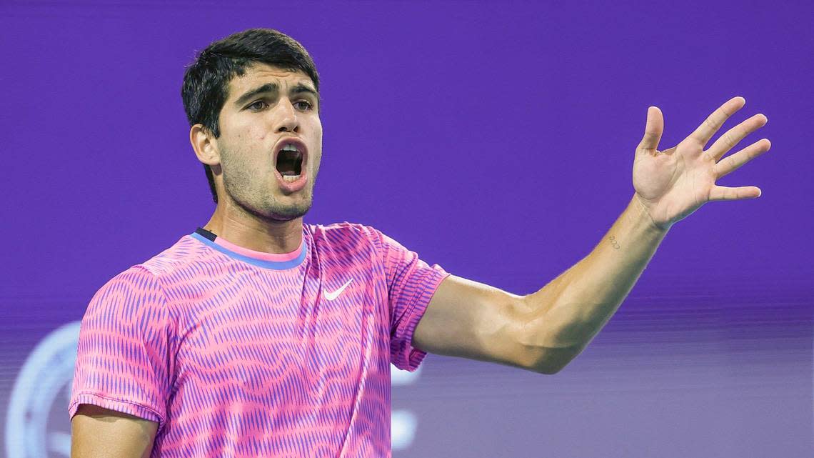 Carlos Alcaraz of Spain reacts during the match against Grigor Dimitrov of Bulgaria during the Miami Open Tennis Tournament at Hard Rock Stadium in Miami Gardens, Florida on Thursday, March 28, 2024.