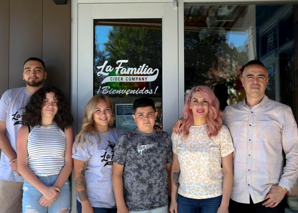 The Gonzalez family owns La Familia Cider Co. From left, Jay Jay, Soleil, Jazzelle, Armani, Shani and Jose at La Familia Cider House in Salem in June 2020.