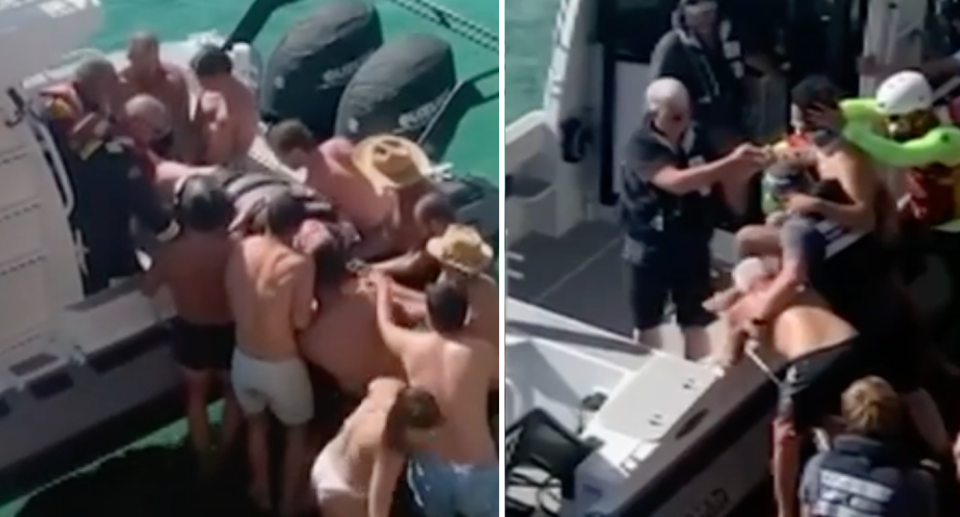 A woman suffering spinal injuries (left) is pulled onto a lifesaving boat on a stretcher after jumping at The Pillars. Right: Another man being helped onto the lifesaver boat suffered spinal injuries. 