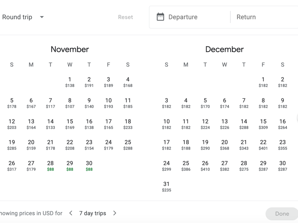 Google Flights im Kalendermodus. - Copyright: Google Flights