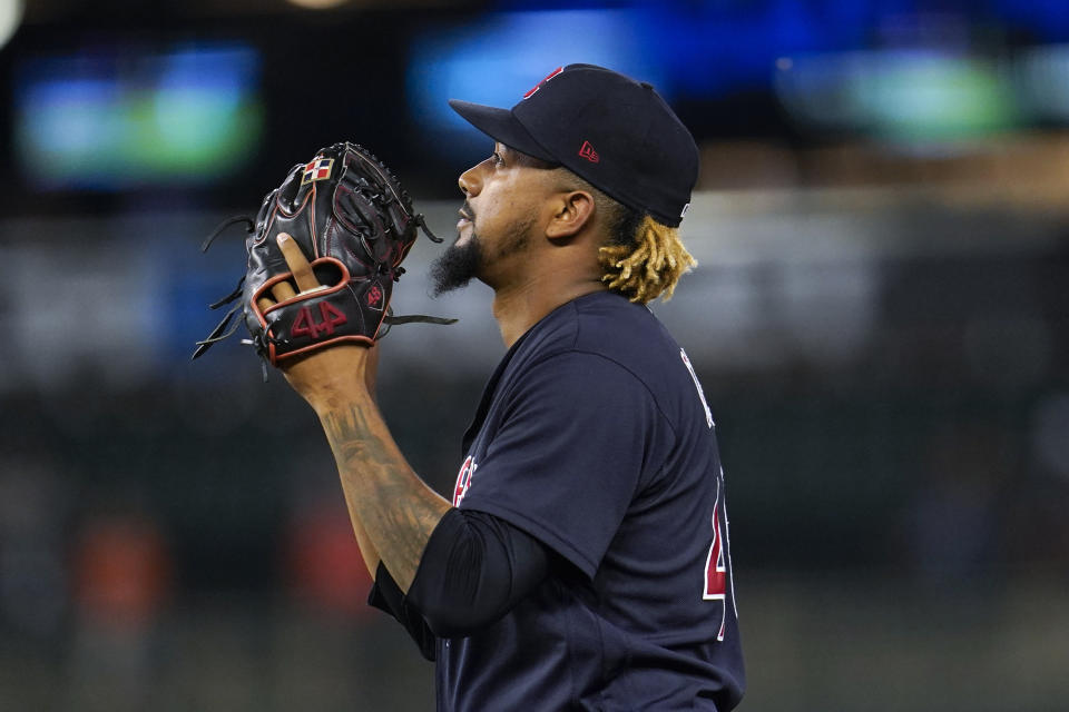 Cleveland Guardians relief pitcher Emmanuel Clase reacts after the final out in the ninth inning of a baseball game against the Detroit Tigers in Detroit, Tuesday, Aug. 9, 2022. (AP Photo/Paul Sancya)