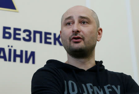 Russian journalist Arkady Babchenko, who was reported murdered in the Ukrainian capital on May 29, speaks during a news briefing by the Ukrainian state security service in Kiev, Ukraine May 30, 2018. REUTERS/Valentyn Ogirenko
