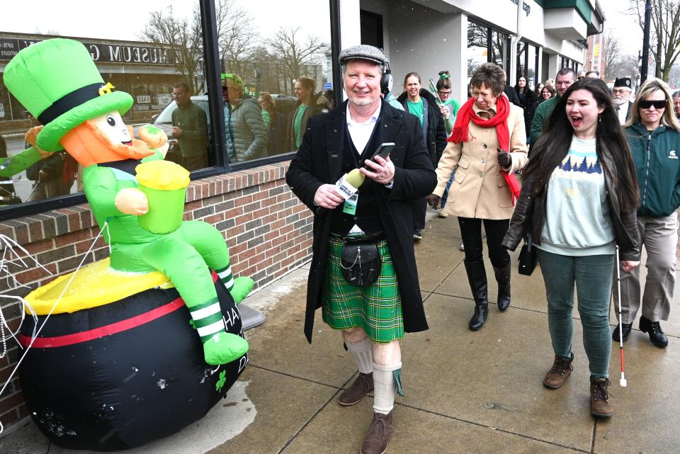 Kilted Ken Delaney led Michigan's shortest St. Patrick's Day Parade Monday in downtown Coldwater.