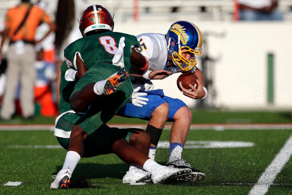 Florida A&M Rattlers nickelback Eric Smith (8) sacks the Fort Valley State Wildcats quarterback. The FAMU Rattlers hosted the Wildcats for their first home game of the season Saturday, Sept. 14, 2019.