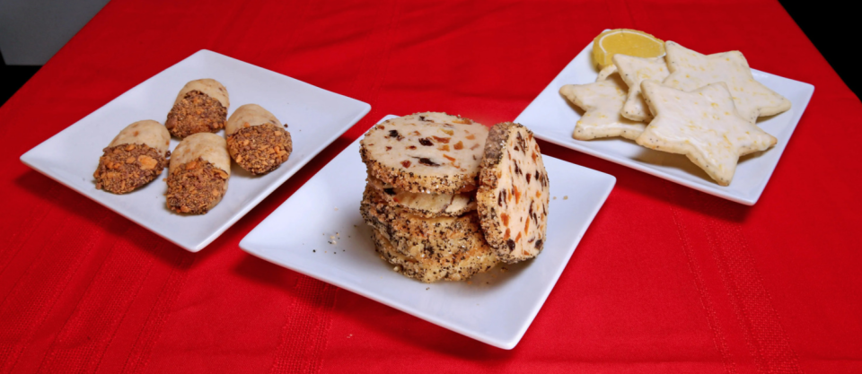 Sugar plum cookies (center) took the top prize in this year's Holiday Cookie Contest. Placing second were lemon poppy seed cutout cookies (right), while holiday butter fingers (left) earned third place.