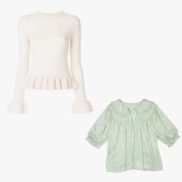 Dôen prairie top in Sweet Daisy, $138, shopdoen.com; Khaite Claudia jersey sweater, $354, farfetch.com