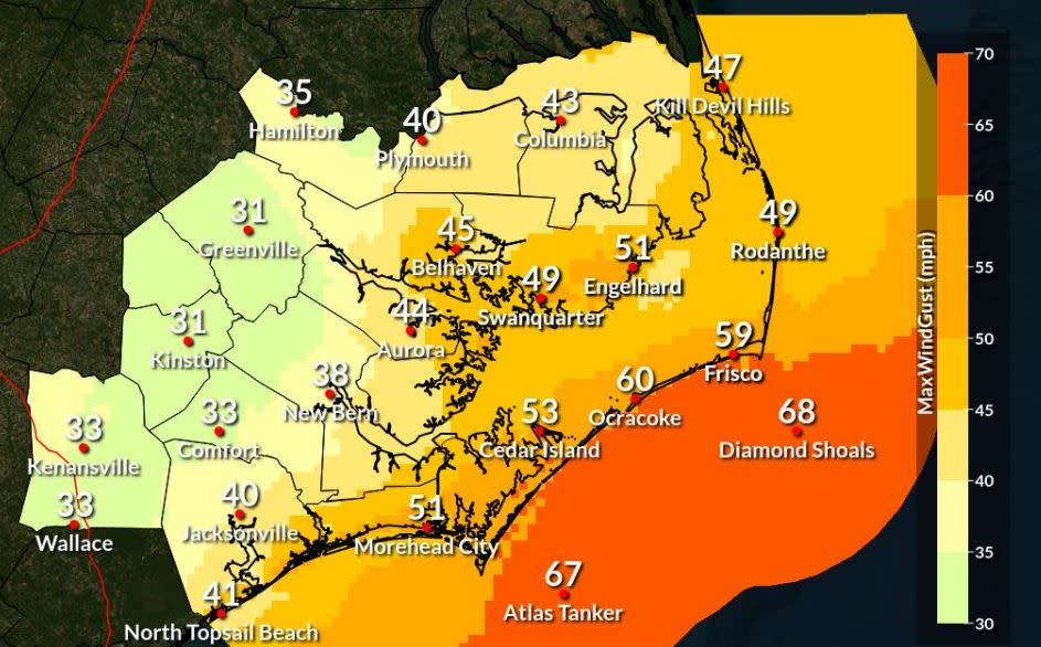 Expected wind gusts. Image from the National Weather Service.