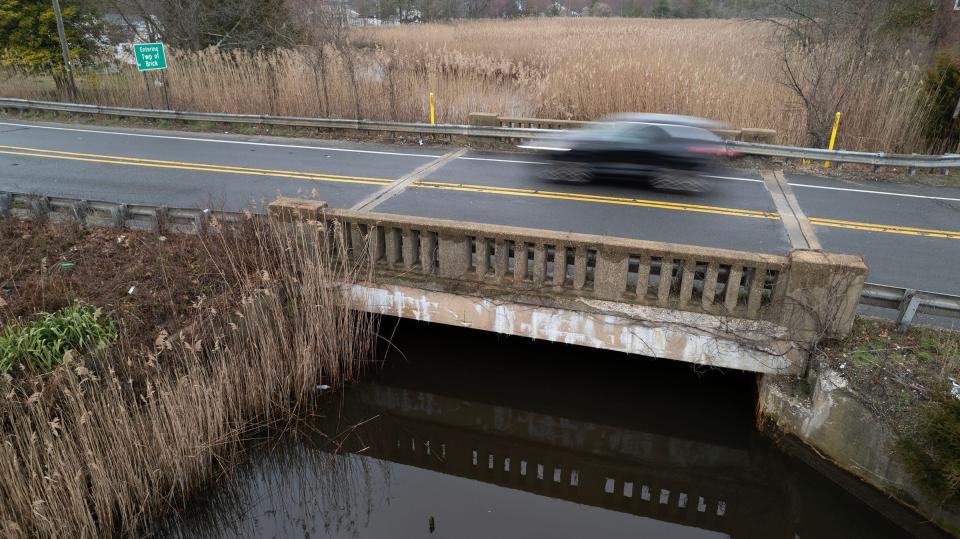 The Route 88 bridge over the Beaver Dam Creek on the border of Brick and Point Pleasant Borough is one of the bridges in Monmouth and Ocean County that have a "poor" rating. The structure is shown Wednesday, March 27, 2024.