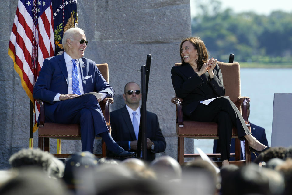 President Joe Biden and Vice President Kamala Harris attend an event marking the 10th anniversary of the dedication of the Martin Luther King, Jr. Memorial in Washington, Thursday, Oct. 21, 2021. (AP Photo/Susan Walsh)