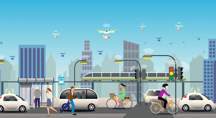 An image of a busy city street with autonomous cars and taxis, UAVs carrying packages flying overhead