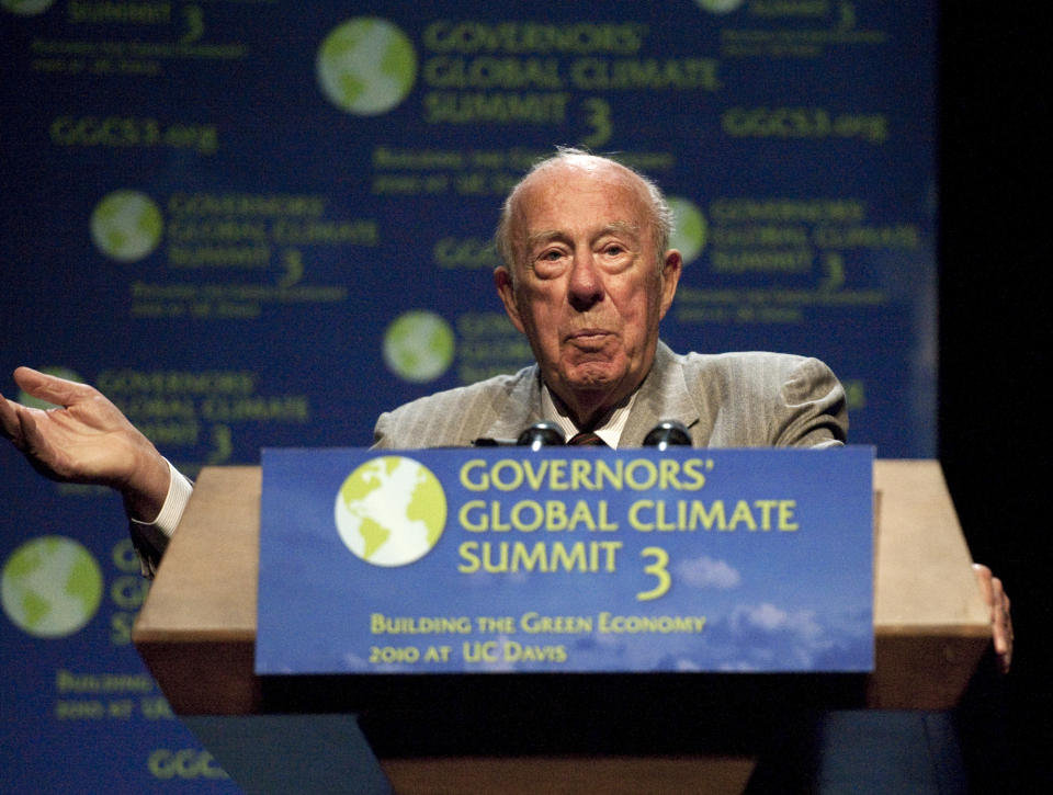 FILE - In this Nov. 15, 2010 file photo, former Secretary of State George Shultz speaks at University of California Davis during the Governors' Global Climate Summit 3: Building the Green Economy, in Sacramento, Calif. Shultz, former President Ronald Reagan’s longtime secretary of state, who spent most of the 1980s trying to improve relations with the Soviet Union and forging a course for peace in the Middle East, died Saturday, Feb. 6, 2021. He was 100. (Hector Amezcua/The Sacramento Bee via AP, File)