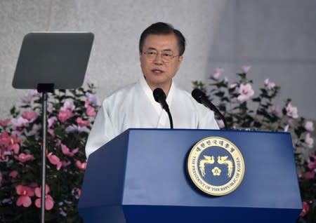 South Korean President Moon Jae-in delivers a speech during a ceremony to mark the 74th anniversary of Korea's liberation from Japan's 1910-45 rule, at the Independence Hall of Korea in Cheonan