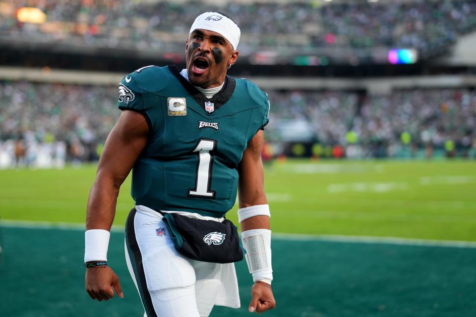 Jalen Hurts #1 of the Philadelphia Eagles reacts prior to the game against the Dallas Cowboys at Lincoln Financial Field on November 05, 2023 in Philadelphia, Pennsylvania.